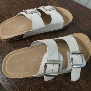 Kids' White Sparkly Slide Sandals with Silver Buckles